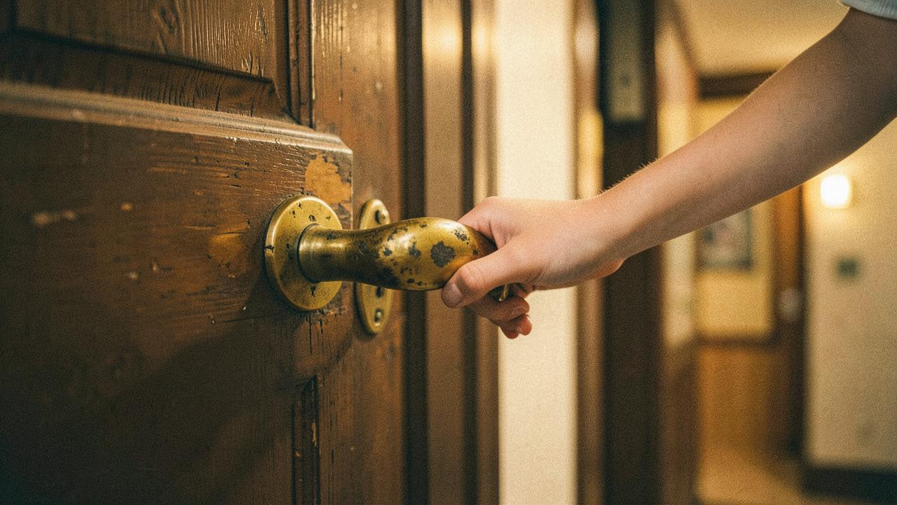 Illustrated study: a hand resting on a brass door handle in a warm hallway