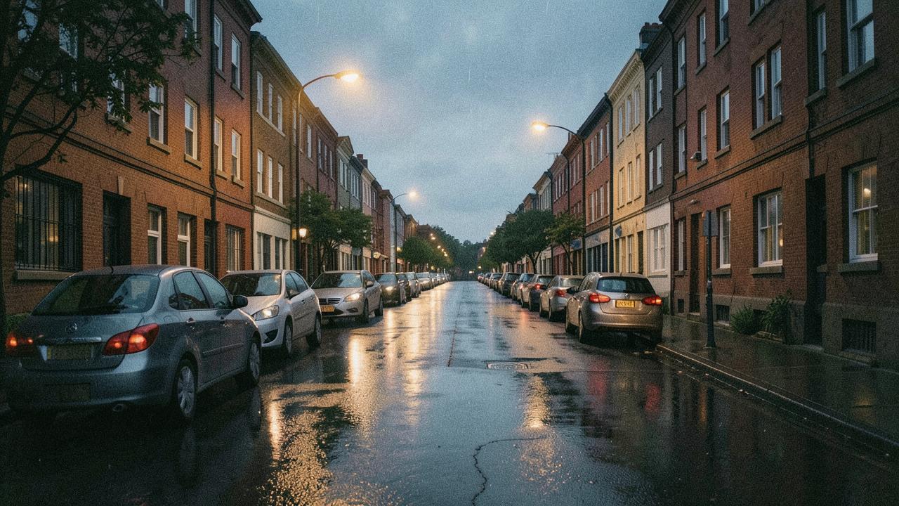 Illustrated study: an empty wet residential street at dusk with streetlights coming on