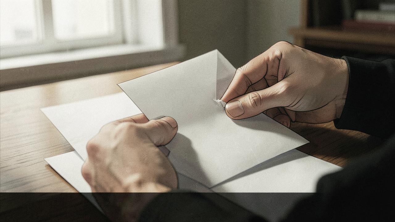 Illustrated study: two hands tearing a paper letter at a table, face and room excluded