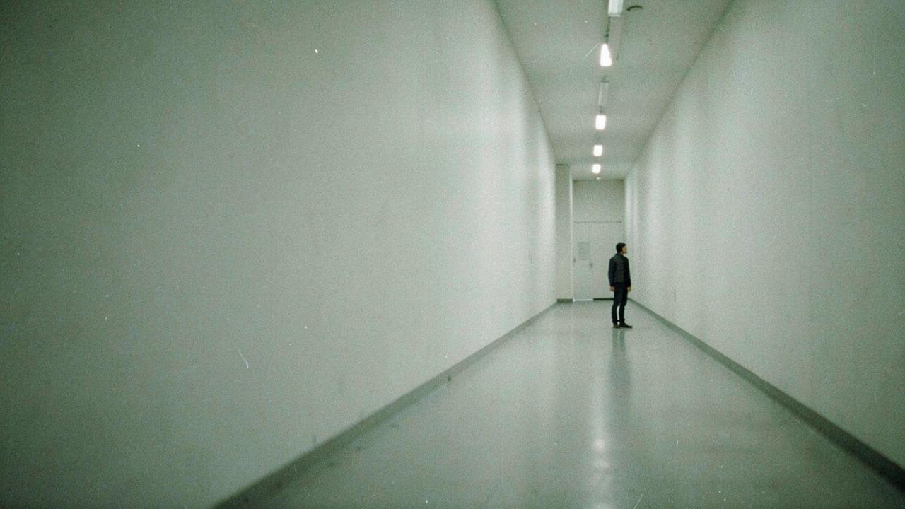 A lone figure standing far down a pale empty corridor