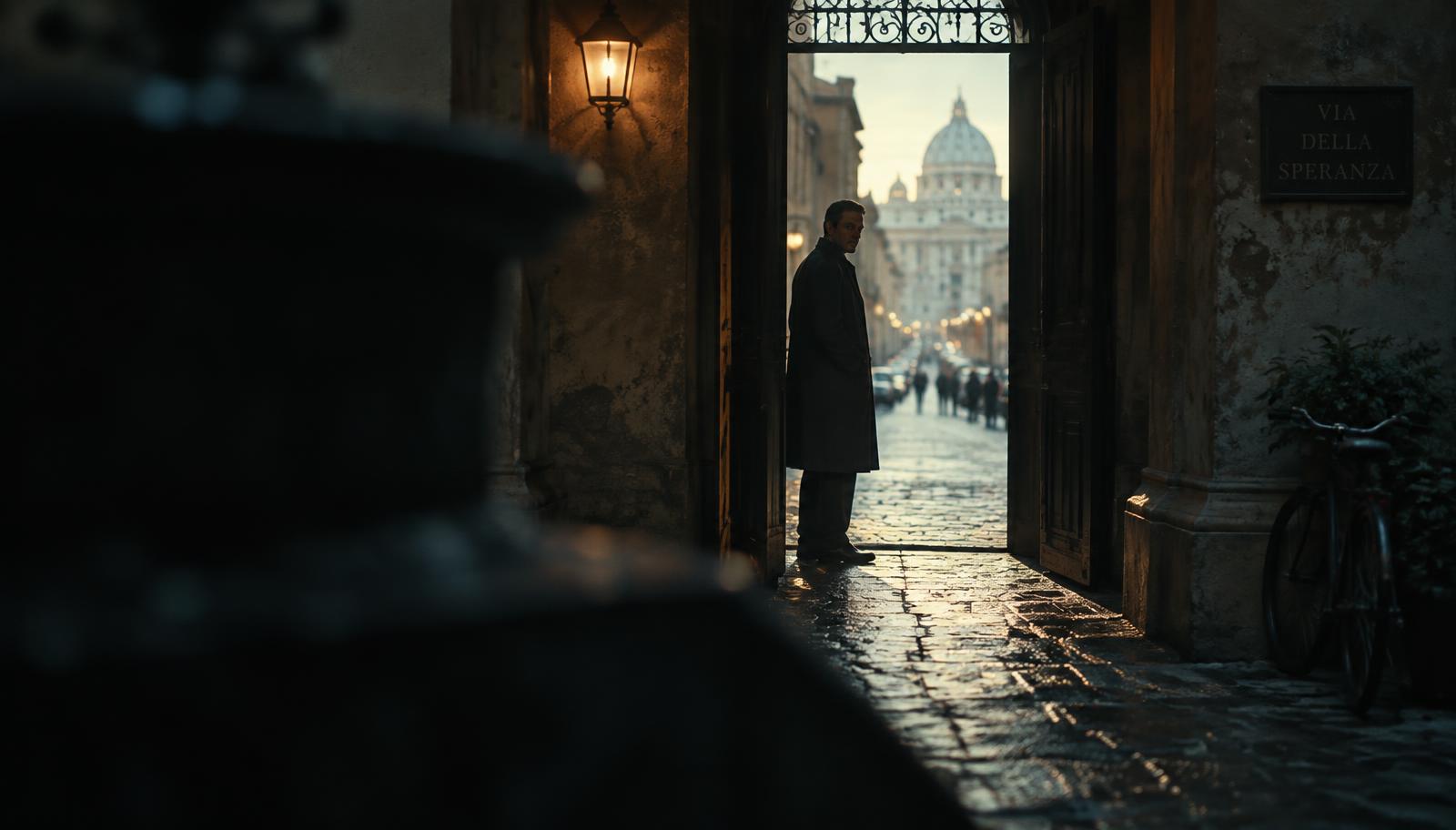 A figure in a doorway seen past a dark out-of-focus foreground, with a lit street beyond
