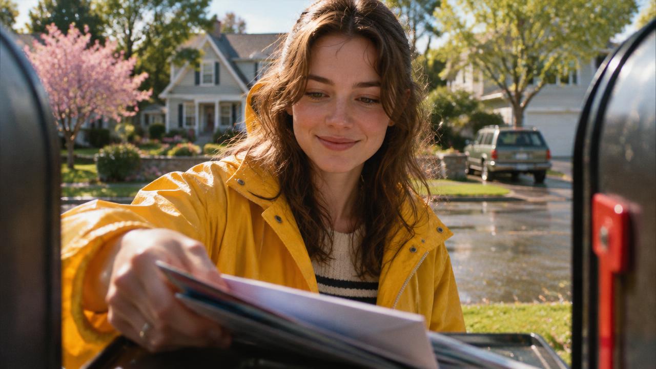 Illustrated study: a woman in a yellow raincoat opening a mailbox in bright sunlight