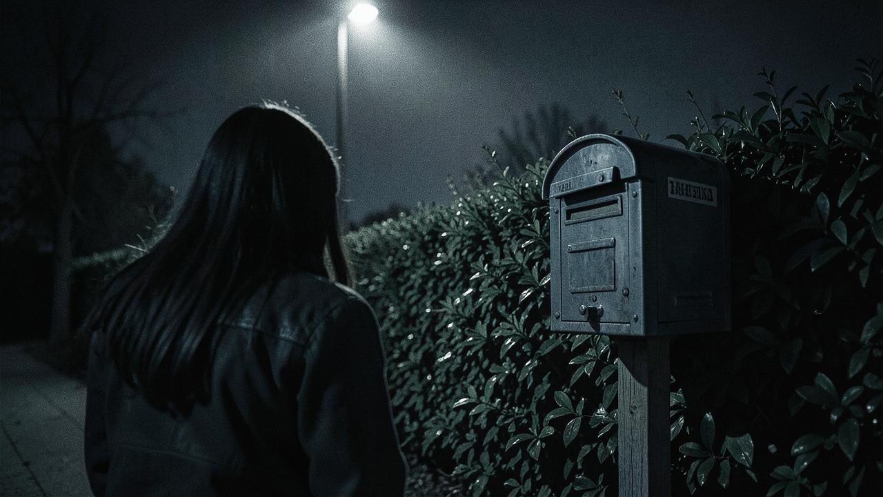 Illustrated study: the same mailbox at night, seen from low behind a hedge as a woman opens it