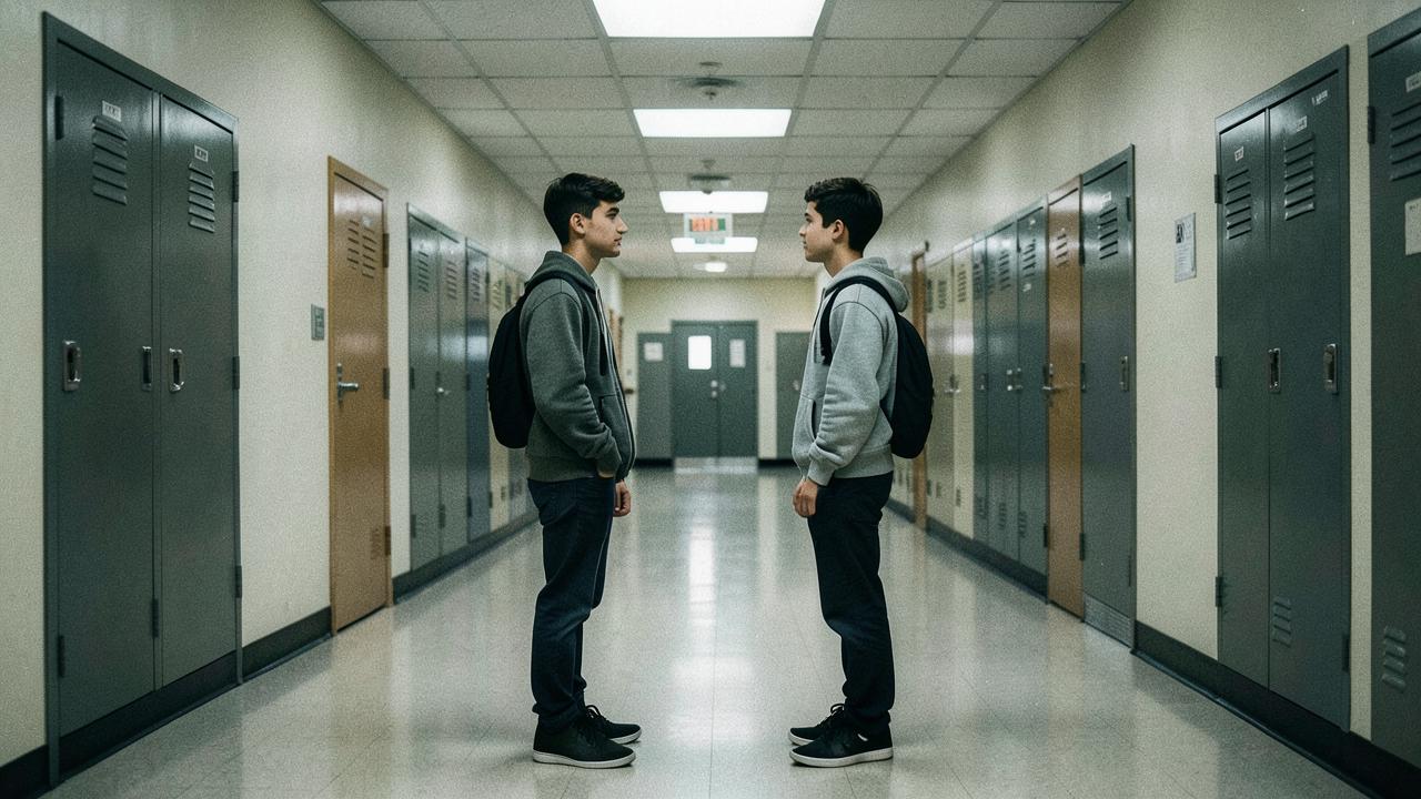Illustrated study: two teenagers facing each other in a corridor, both fully visible from the side