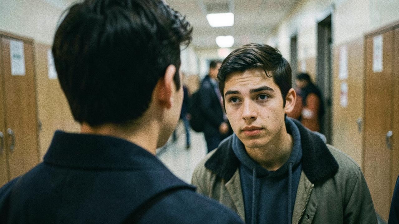 Illustrated study: over-the-shoulder framing of a teenager looking almost into the lens in a corridor