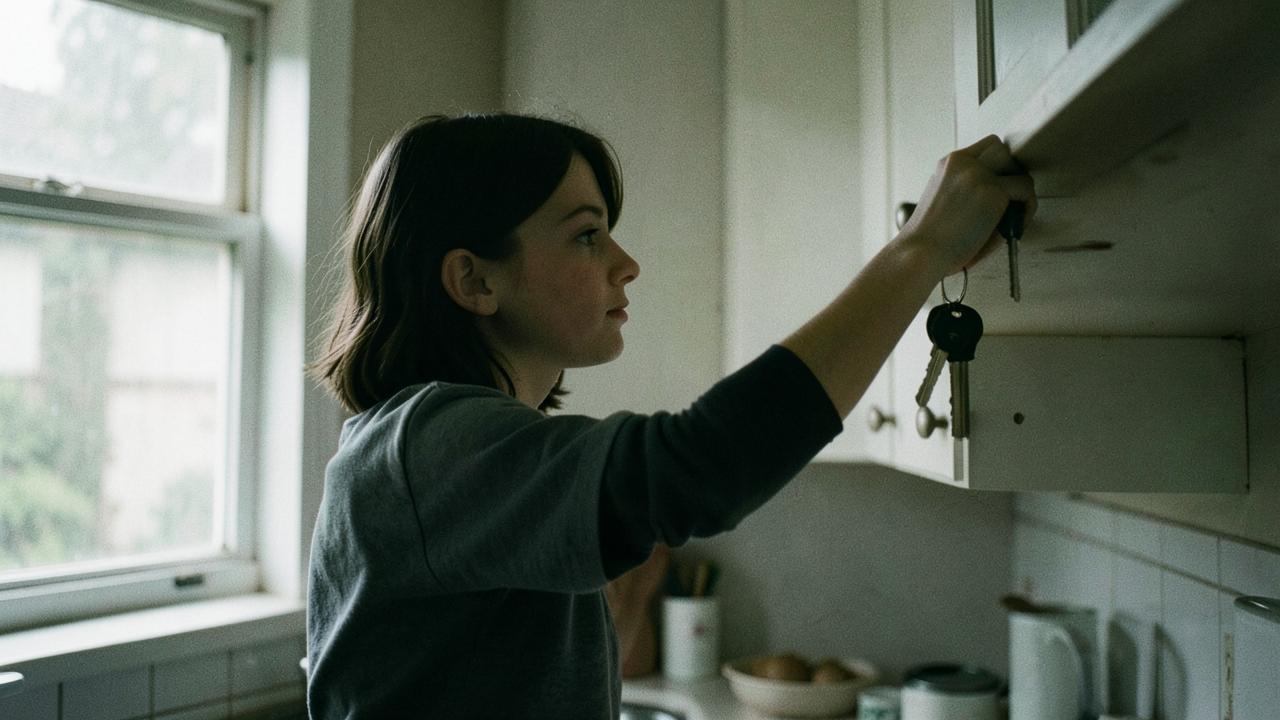 A teenager reaching up toward a set of car keys hanging inside a kitchen cupboard