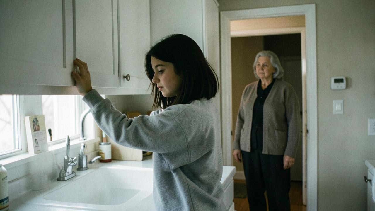 The teenager frozen at the counter while an older woman watches from the doorway behind her