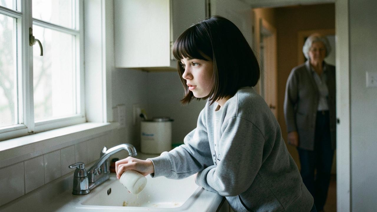 The teenager washing a cup at the sink while the older woman remains blurred in the background doorway