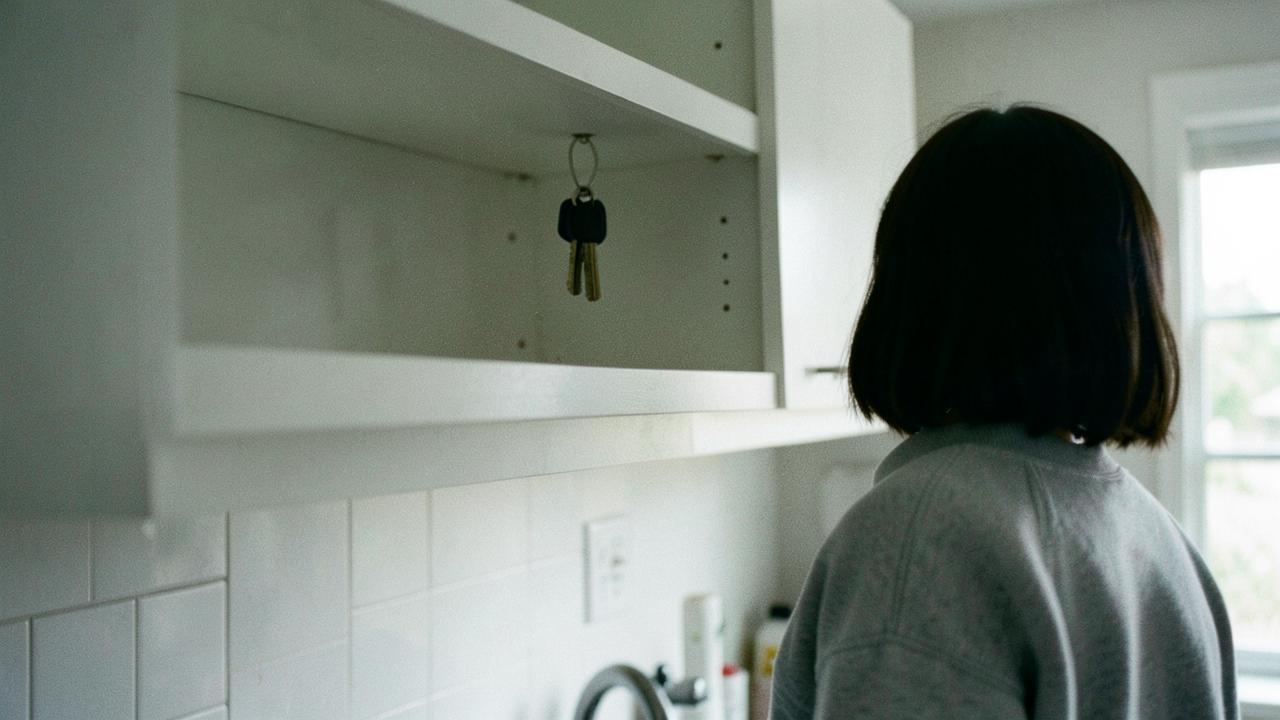 The teenager seen from behind, standing openly in front of the cupboard where the keys still hang
