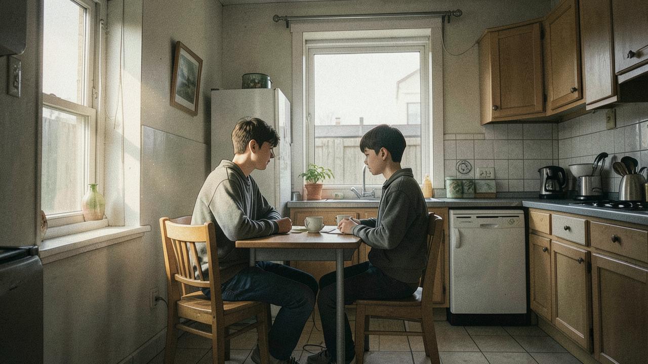 Two teenagers sitting across a small kitchen table, seen wide from across the room
