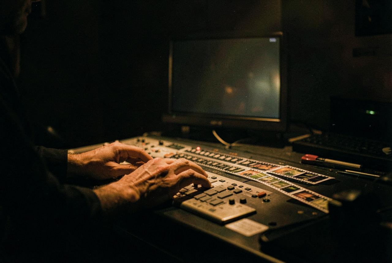 Hands working at an editing desk lit by a dim monitor